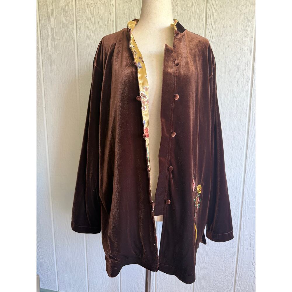 Susan Graver NWT Large Brown Velour Jacket Embroidered Flower Mandarin Neck